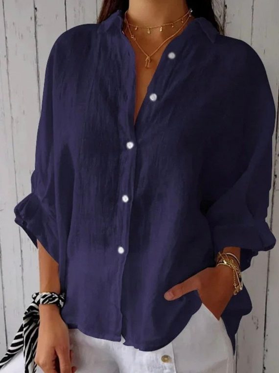 Cotton Plain Buckle Shirt Collar Half Sleeve Shirt - Image 5