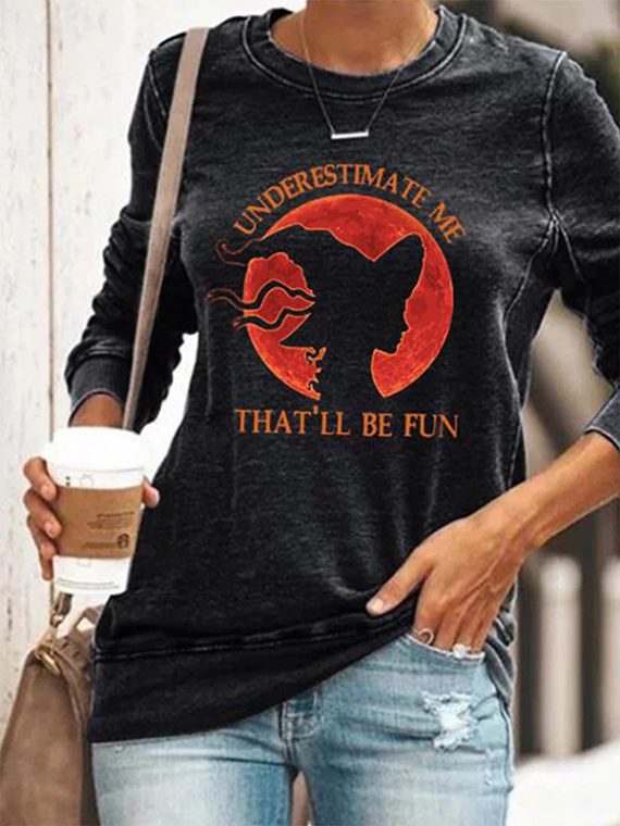 Black Casual Graphic Tops Round Neck Long Sleeve Witch Printed Halloween Sweatshirts