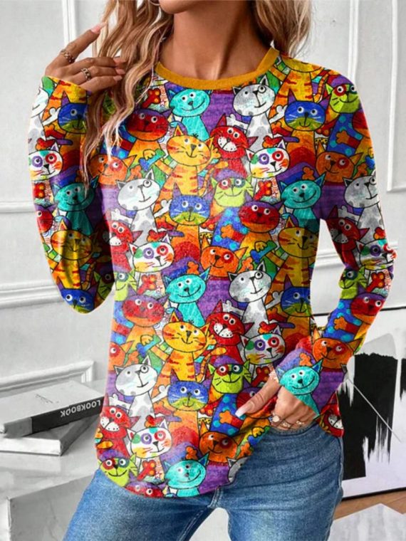 Colorful Cat Print T-Shirt