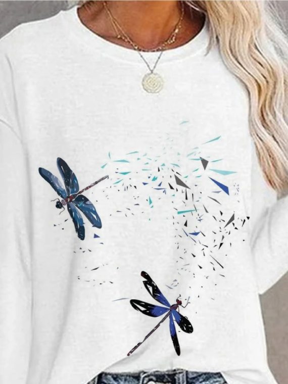 Dragonfly Crew Neck Long Sleeve Casual T-shirt - Image 2