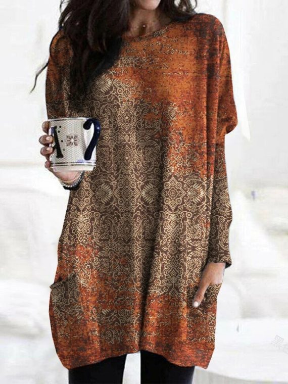 Ethnic Abstract Art Print Crew Neck Pockets Casual Blouse