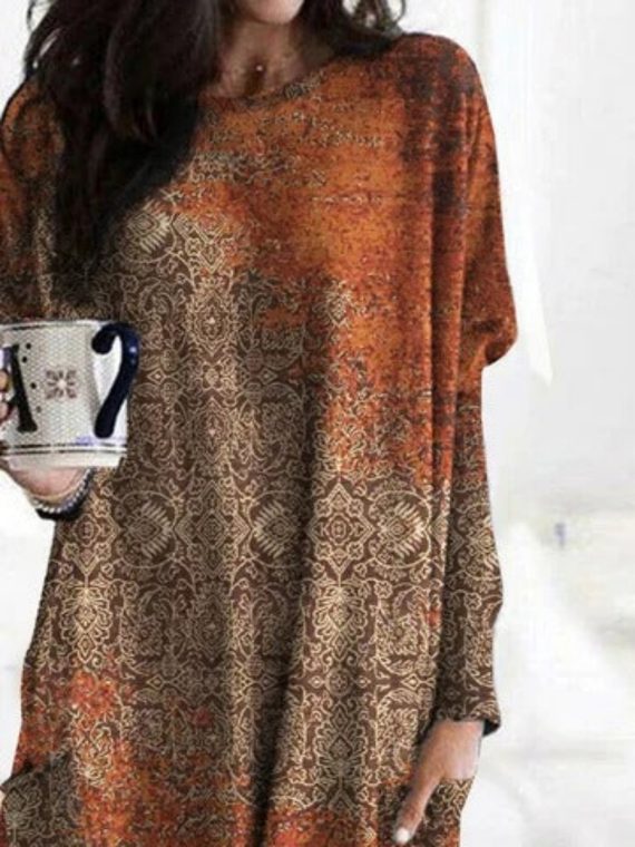 Ethnic Abstract Art Print Crew Neck Pockets Casual Blouse - Image 2