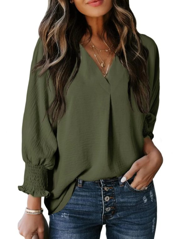 Casual 3/4 Sleeve V Neck Loose Fit Basic Tees - Image 11