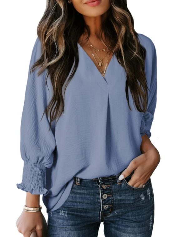 Casual 3/4 Sleeve V Neck Loose Fit Basic Tees - Image 12