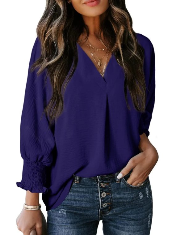 Casual 3/4 Sleeve V Neck Loose Fit Basic Tees - Image 14