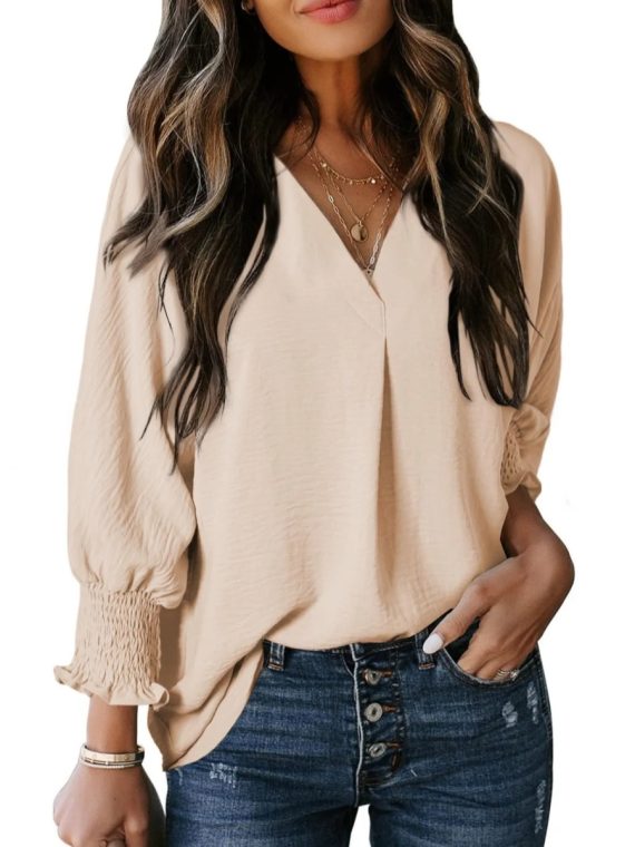 Casual 3/4 Sleeve V Neck Loose Fit Basic Tees