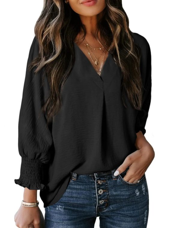 Casual 3/4 Sleeve V Neck Loose Fit Basic Tees - Image 2