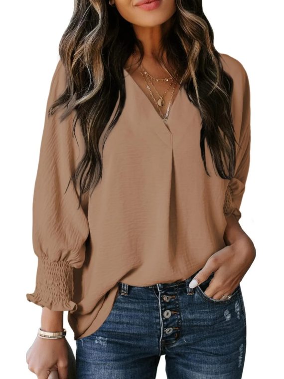 Casual 3/4 Sleeve V Neck Loose Fit Basic Tees - Image 3