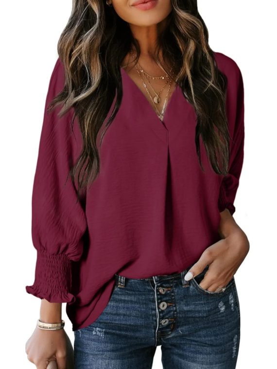 Casual 3/4 Sleeve V Neck Loose Fit Basic Tees - Image 4