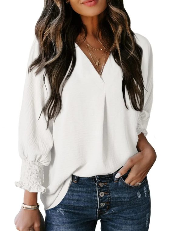 Casual 3/4 Sleeve V Neck Loose Fit Basic Tees - Image 5