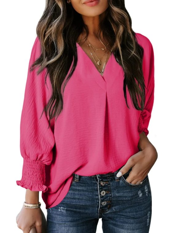 Casual 3/4 Sleeve V Neck Loose Fit Basic Tees - Image 7