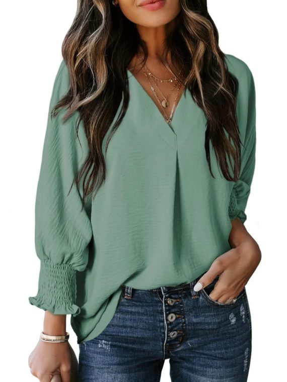 Casual 3/4 Sleeve V Neck Loose Fit Basic Tees - Image 9
