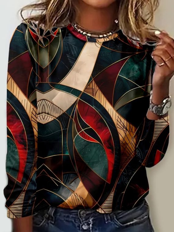 Casual Geometric Crew Neck Long Sleeve T-shirt - Image 2