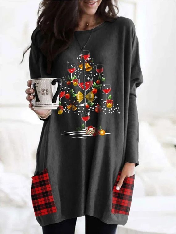 Deep Gray Casual Graphic Tops Round Neck Long Sleeve Christmas Tree Printed Sweatshirts