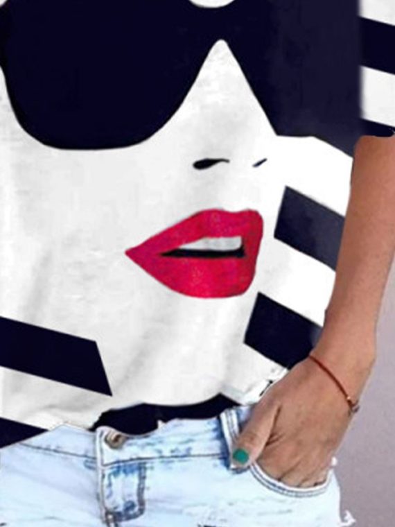 Cotton Summer Abstract V-neck Short Sleeve Casual T-shirt - Image 2