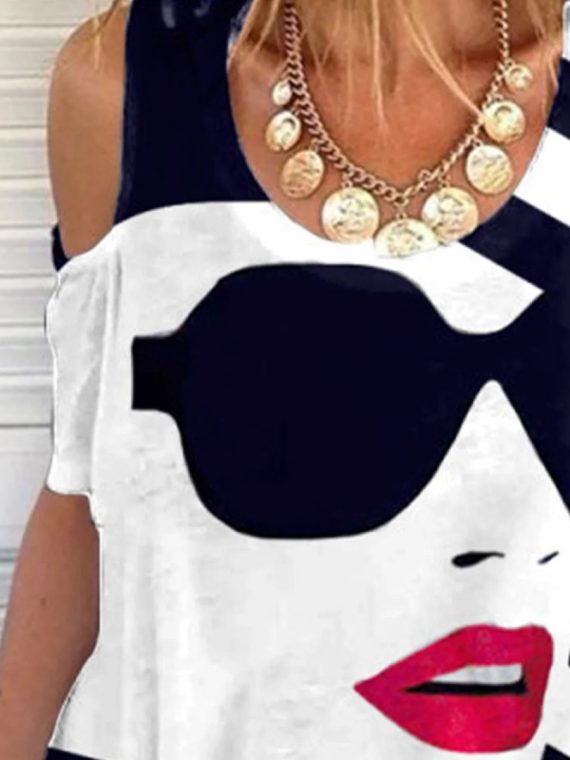 Cotton Summer Abstract V-neck Short Sleeve Casual T-shirt - Image 3