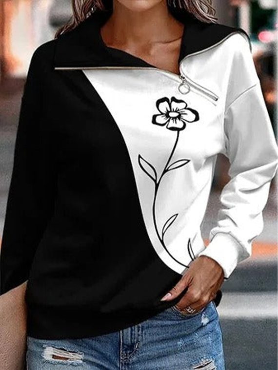 Black-white Casual Graphic Tops Lapel Long Sleeve Floral Printed Sweatshirts