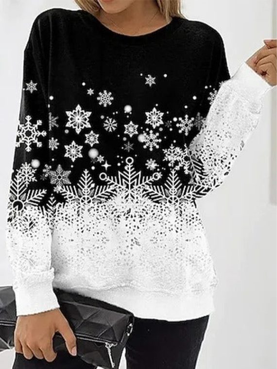 Black-white Casual Graphic Tops Round Neck Long Sleeve Snowflake Printed Xmas Sweatshirts