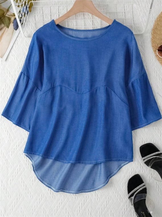 Blue Crew Neck Half Sleeves Loose Blouse - Image 2