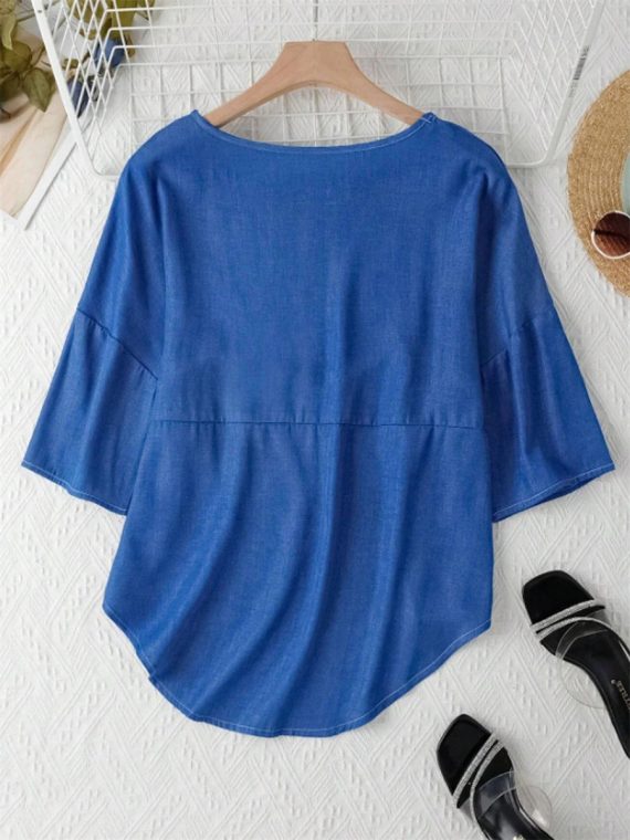 Blue Crew Neck Half Sleeves Loose Blouse - Image 3