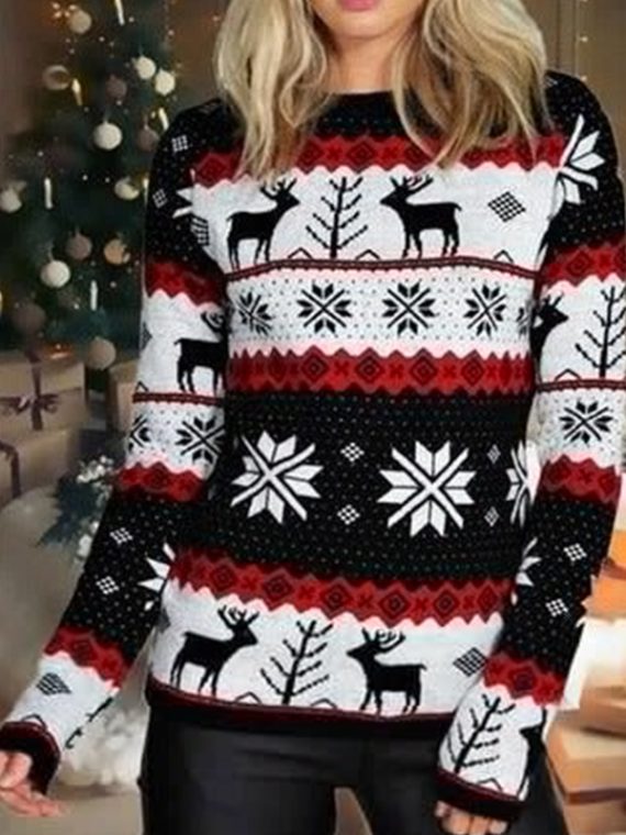 Black-white Casual Graphic Tops Round Neck Long Sleeve Elk Printed Sweaters
