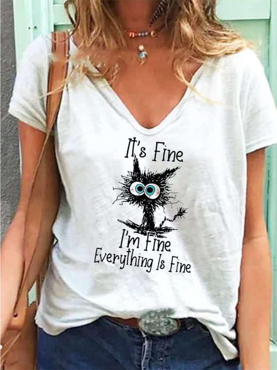 Cat Alphabet Print V-neck Short Sleeves T-shirt