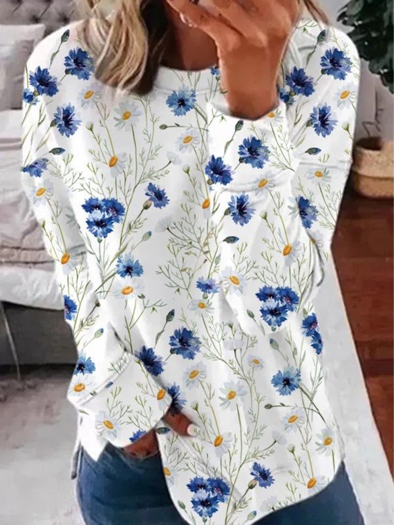 Crew Neck Floral Loosen Sweatershirt