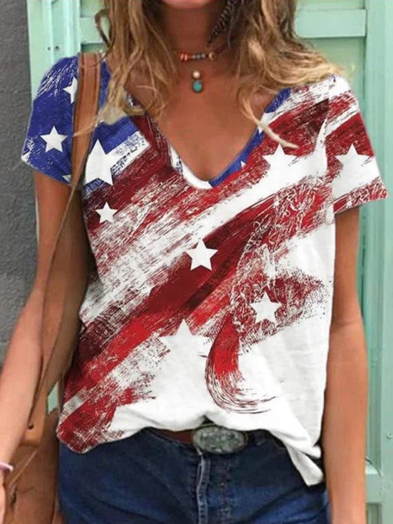 Casual V Neck Shift Abstract T-Shirts