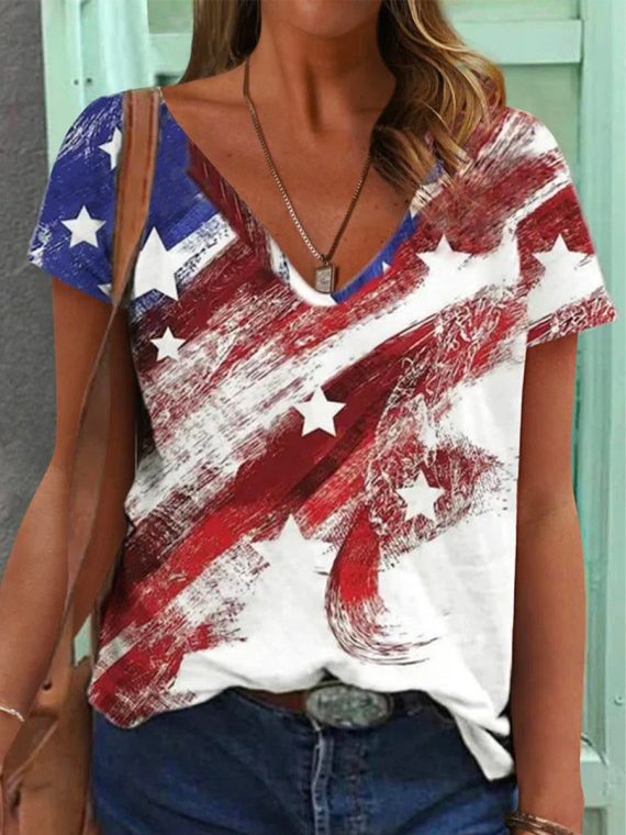 Casual V Neck Shift Abstract T-Shirts - Image 2