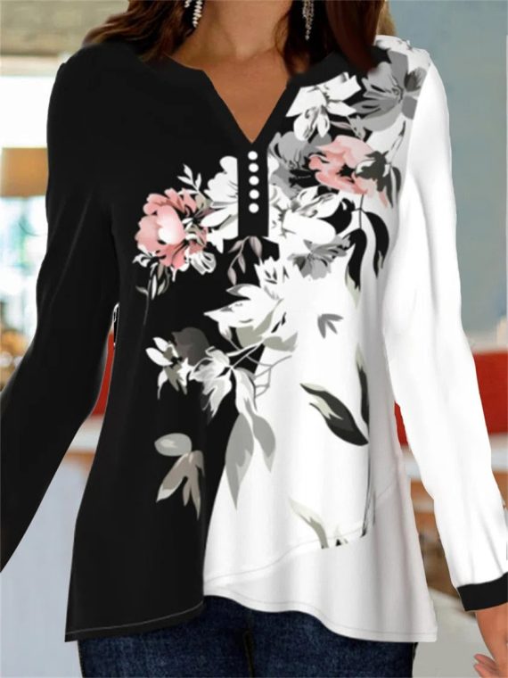 Elegant Floral Color Block Shirts & Tops