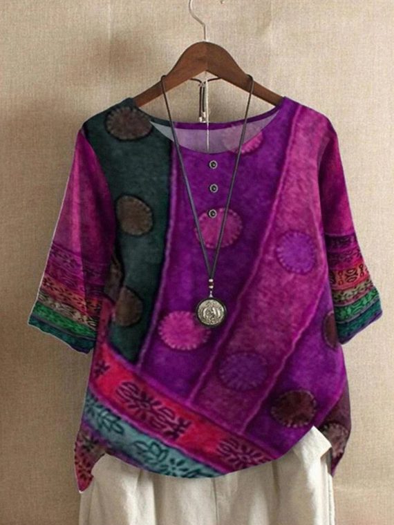 Casual Printed Round Neck Buttoned Loose Top - Image 2