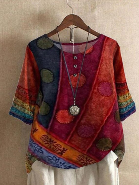 Casual Printed Round Neck Buttoned Loose Top - Image 3