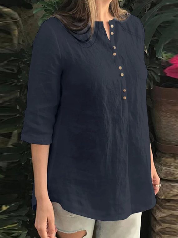 Cotton Solid Button Ruched High-Low Hem Casual Blouse - Image 2