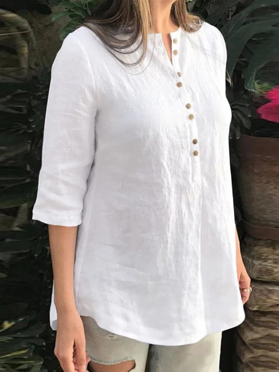 Cotton Solid Button Ruched High-Low Hem Casual Blouse - Image 3