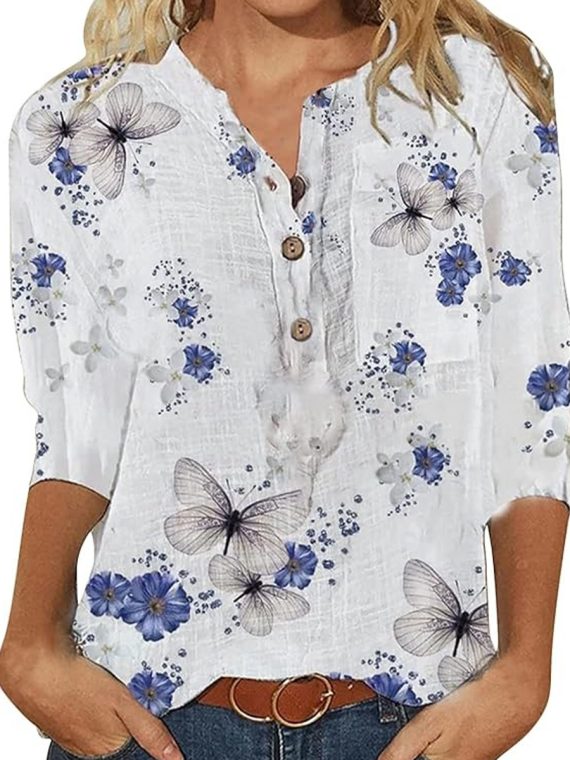 3/4 Sleeve Shirts for Women Casual Marble Print Crewneck Tops