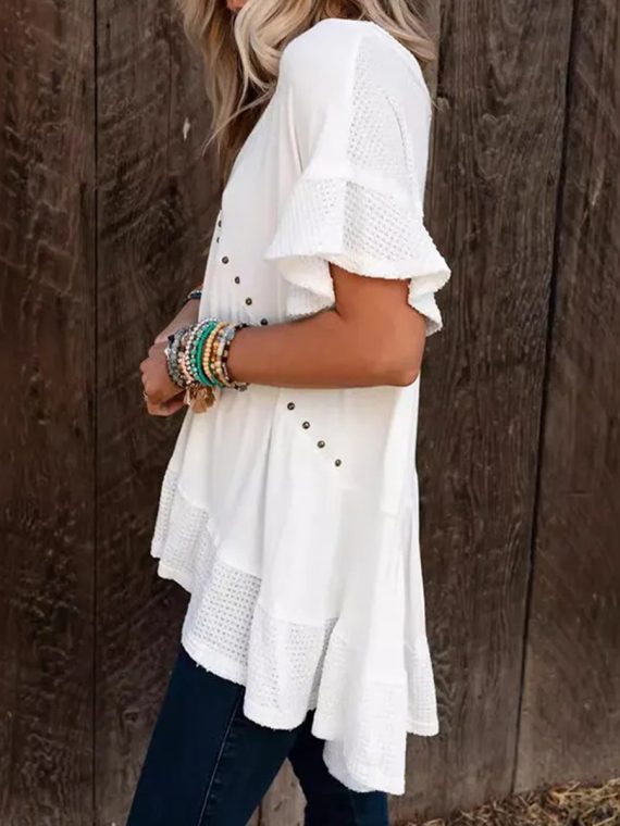 Batwing Sleeves High-Low Buttoned Split-Joint V-Neck T-Shirt Top - Image 2