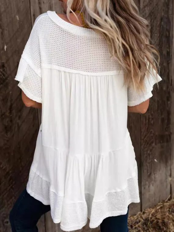 Batwing Sleeves High-Low Buttoned Split-Joint V-Neck T-Shirt Top - Image 3