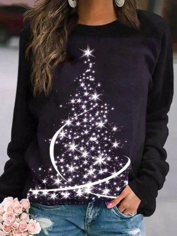 Black Casual Graphic Tops Round Neck Christmas Tree Printed Long Sleeve Xmas Sweatshirts