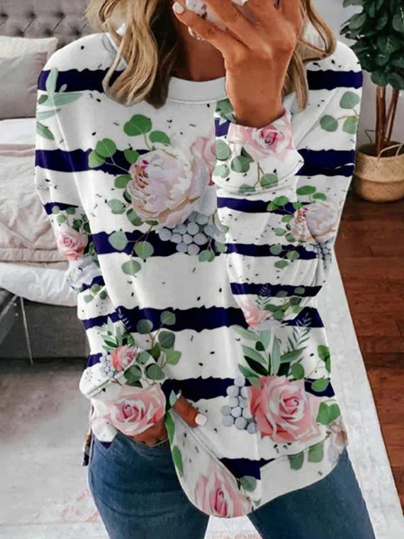 Casual Striped Floral T-Shirt