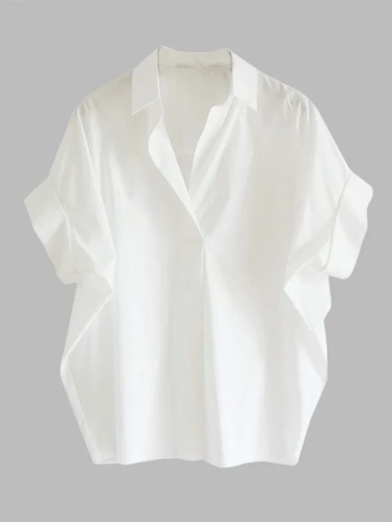 Casual Short Sleeves Loose Solid Color Lapel Collar Tops