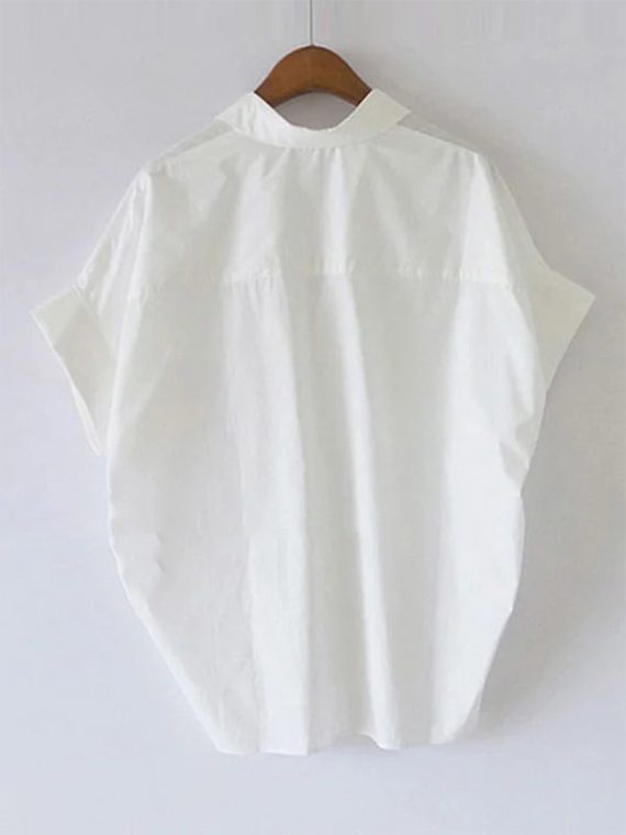 Casual Short Sleeves Loose Solid Color Lapel Collar Tops - Image 2