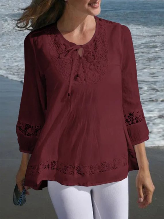 Casual Crew Neck  3/4 Sleeve Lace Shirt - Image 2