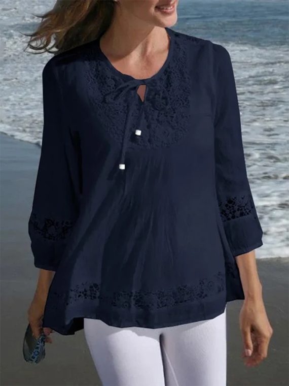 Casual Crew Neck  3/4 Sleeve Lace Shirt - Image 3