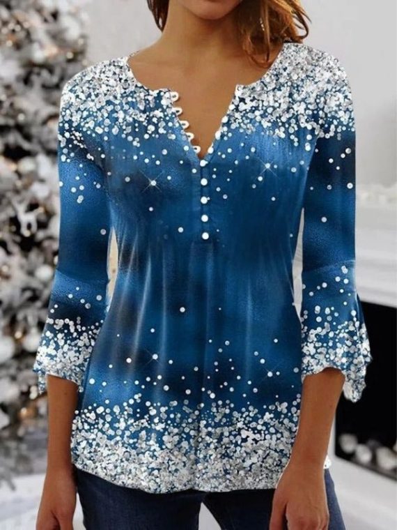 Blue Casual Graphic Tops V-neck Long Sleeve Snowflake Printed Xmas Sweatshirts