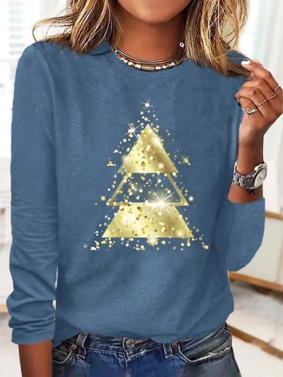Blue Casual Graphic Tops Round Neck Christmas Tree Printed Long Sleeve Xmas Sweatshirts