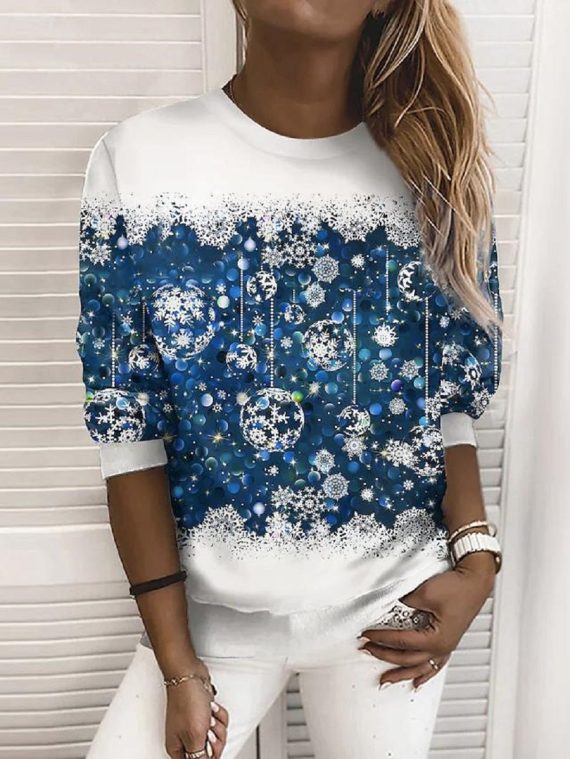 Blue Casual Graphic Tops Round Neck Printed Long Sleeve Xmas Sweatshirts