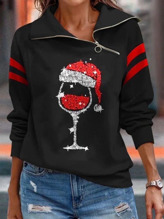 Black Casual Graphic Tops V Neck Printed Long Sleeve Xmas Sweatshirts