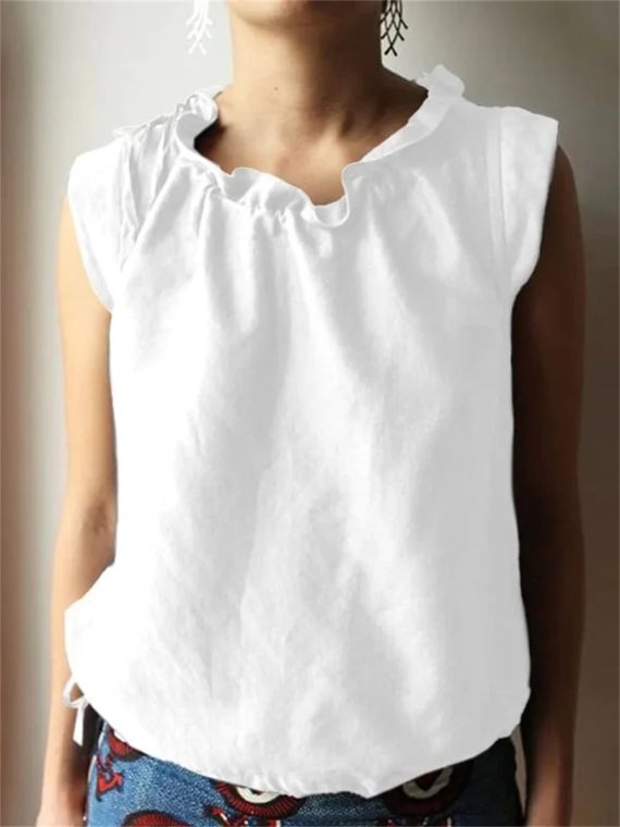 Casual Plain Frill Neck Cap Sleeve Loose Tank Top