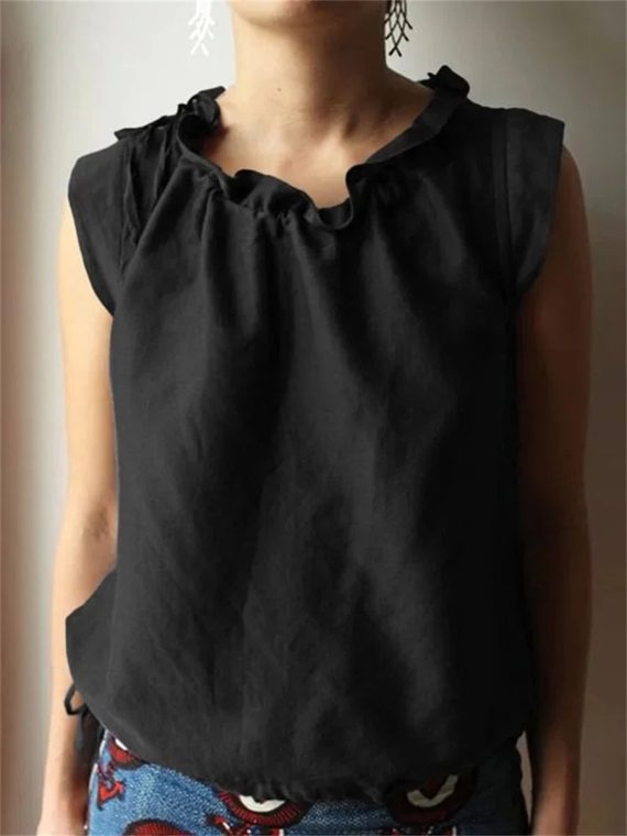 Casual Plain Frill Neck Cap Sleeve Loose Tank Top - Image 2
