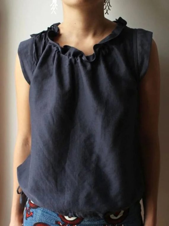 Casual Plain Frill Neck Cap Sleeve Loose Tank Top - Image 3